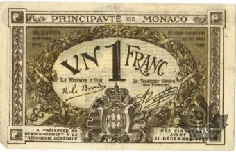 MONACO-1920-1 FRANC BRUN-SERIE A