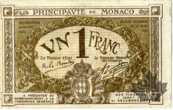 MONACO-1920-1 FRANC BRUN-SERIE C