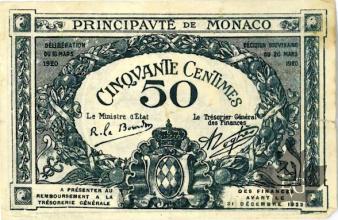 MONACO-1920-50 CENTIMES-BLUE-SERIE D-avec N°