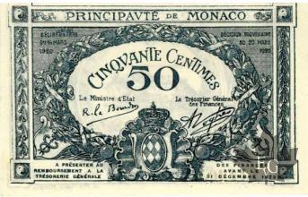 MONACO-1920-50 CENTIMES-BLUE-SERIE B-avec N°