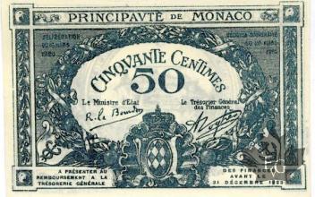 MONACO-1920-50 CENTIMES-BLUE-SERIE H-Sans N°