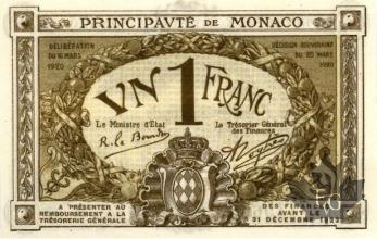 MONACO-1920-1 FRANC-BRUN-SERIE B-avec N°