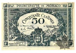 MONACO-1920-50 CENTIMES-BLUE-SERIE B-sans N°-NEUF