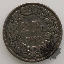 SUISSE-1862-2 Francs-TB-TTB