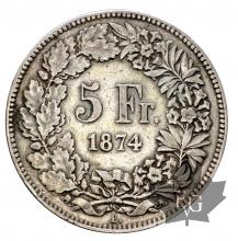 SUISSE-1874-5 Francs B. -TTB
