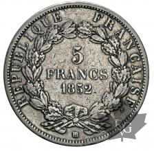 FRANCE-1852BB-5 FRANCS-LOUIS NAPOLEON BONAPARTE-TB-TTB