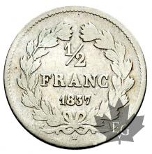 FRANCE-1837A-1/2 FRANC-LOUIS PHILIPPE-CORNUE-B-TB