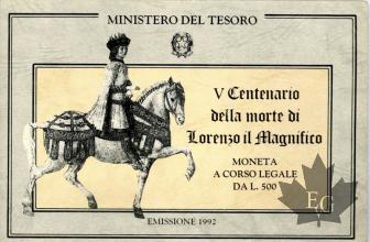 ITALIE-1992-500 LIRE-LORENZO IL MAGNIFICO ROME-FDC