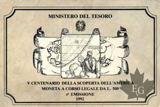 ITALIE-1992-500 LIRE-SCOPERTA DELL’AMERICA 4° emissione ROME-FDC