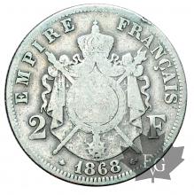 FRANCE-1868 A-2 FRANCS-NAPOLEON III tête laurée-B-TB