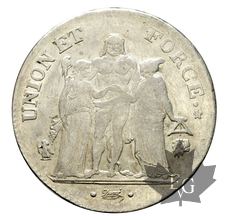 FRANCE-1799-5 Francs An 8L  Union et Force  TB