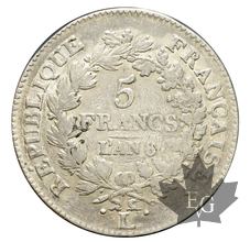 FRANCE-1799-5 Francs An 8L  Union et Force  TB