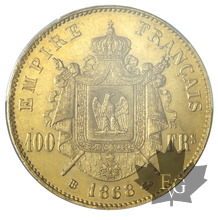 FRANCE-1868BB-100 FRANCS-NAPOLEON III tête laurée-PCGS AU55