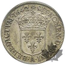 FRANCE-1642A-1/4 Écu 2èm poinçon de Warin-Louis XIII-PCGS AU58