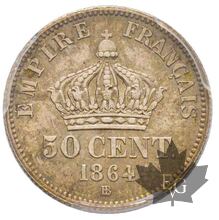 FRANCE-1864BB-50 CENTIMES- Second Empire 1852-1870-MS65