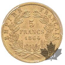 FRANCE-1864-5 FRANCS-NAPOLEON III-Second Empire -PCGS MS64