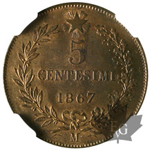 ITALIE-1867M-5 Centesimi-Vittorio Emanuele II-NGC MS64RB