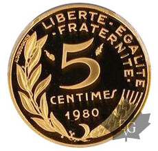 FRANCE-1980-Piéfort en or de 5 centimes Marianne-PCGS SP 69