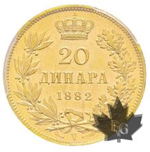 SERBIA-1882V-20 Dinara-PCGS  MS62