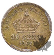 FRANCE-1867BB-20 Centimes-Second Empire-PCGS MS65