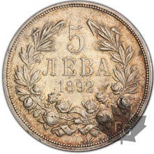 BULGARIE-1892-5 LEVA-FERDIDAND I-AU53