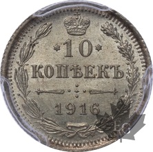 RUSSIE-1916-BC-10 KOPECKS-NIKOLAI II-PCGS MS66