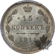 RUSSIE-1915-BC-15 KOPECKS-NIKOLAI II-PCGS MS66