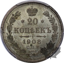 RUSSIE-1908-20 KOPECKS-NICOLAS II-PCGS MS65